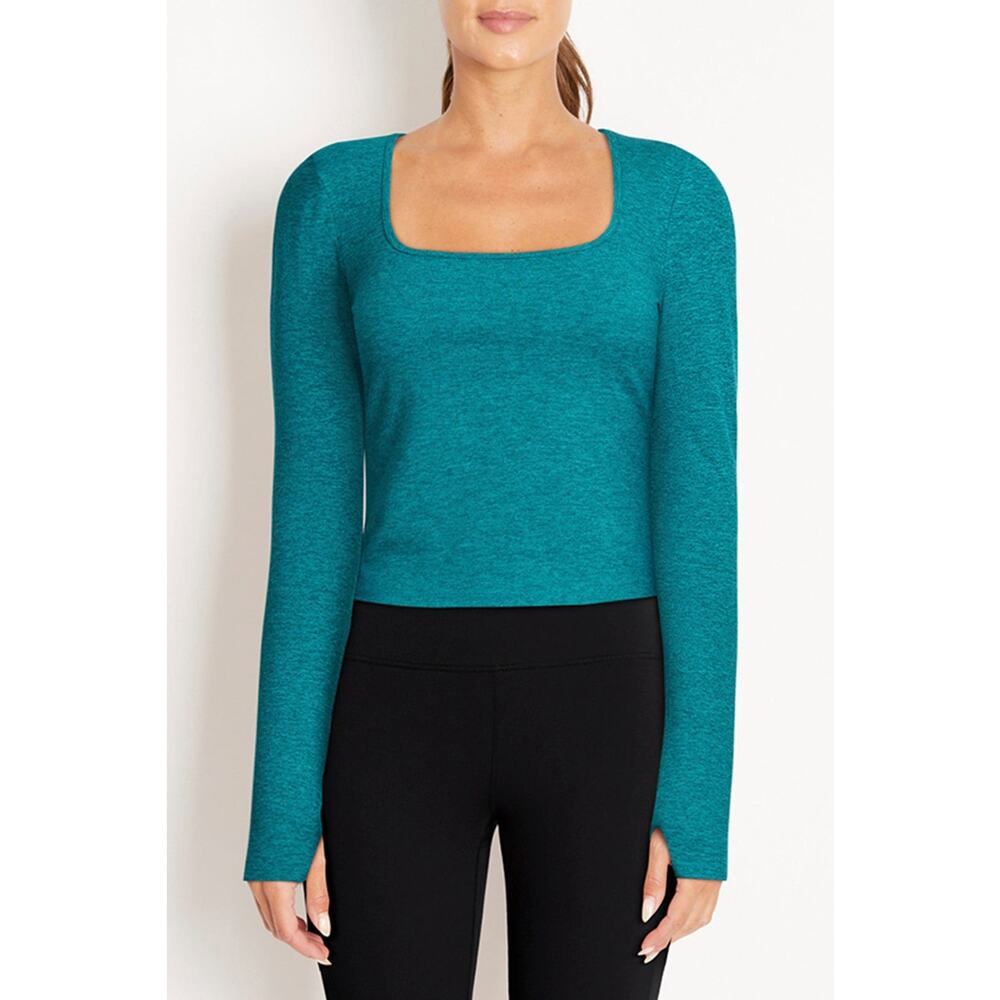 NWT Zobha Sunny Top In Heather Fanfare Size M Teal Square Neck Thumbholes Fitted
